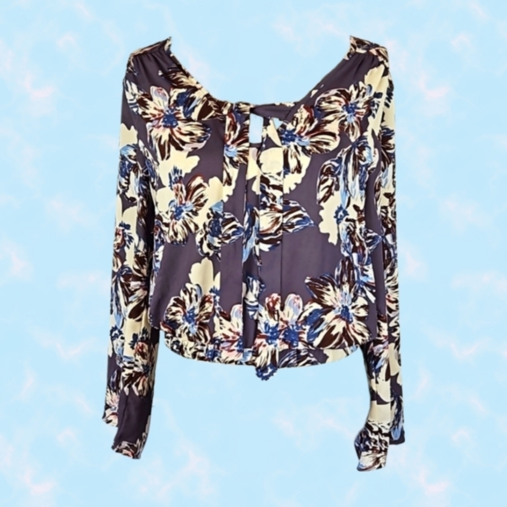 Sienna Sky Vintage Floral Tie-Front Blouse with Elastic Hem, Purple/Cream, M